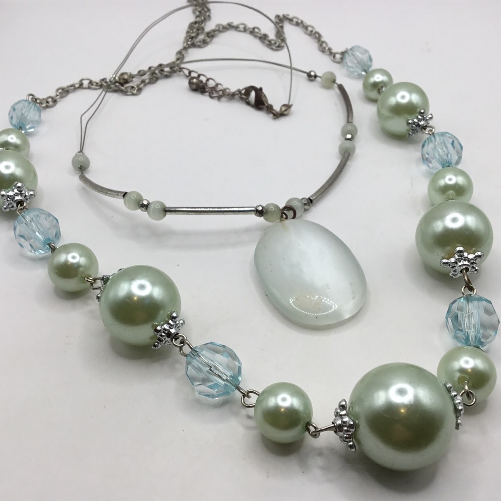 2-Piece Necklaces  Pearl and Blue Bead and Acrylic Moonstone Necklace